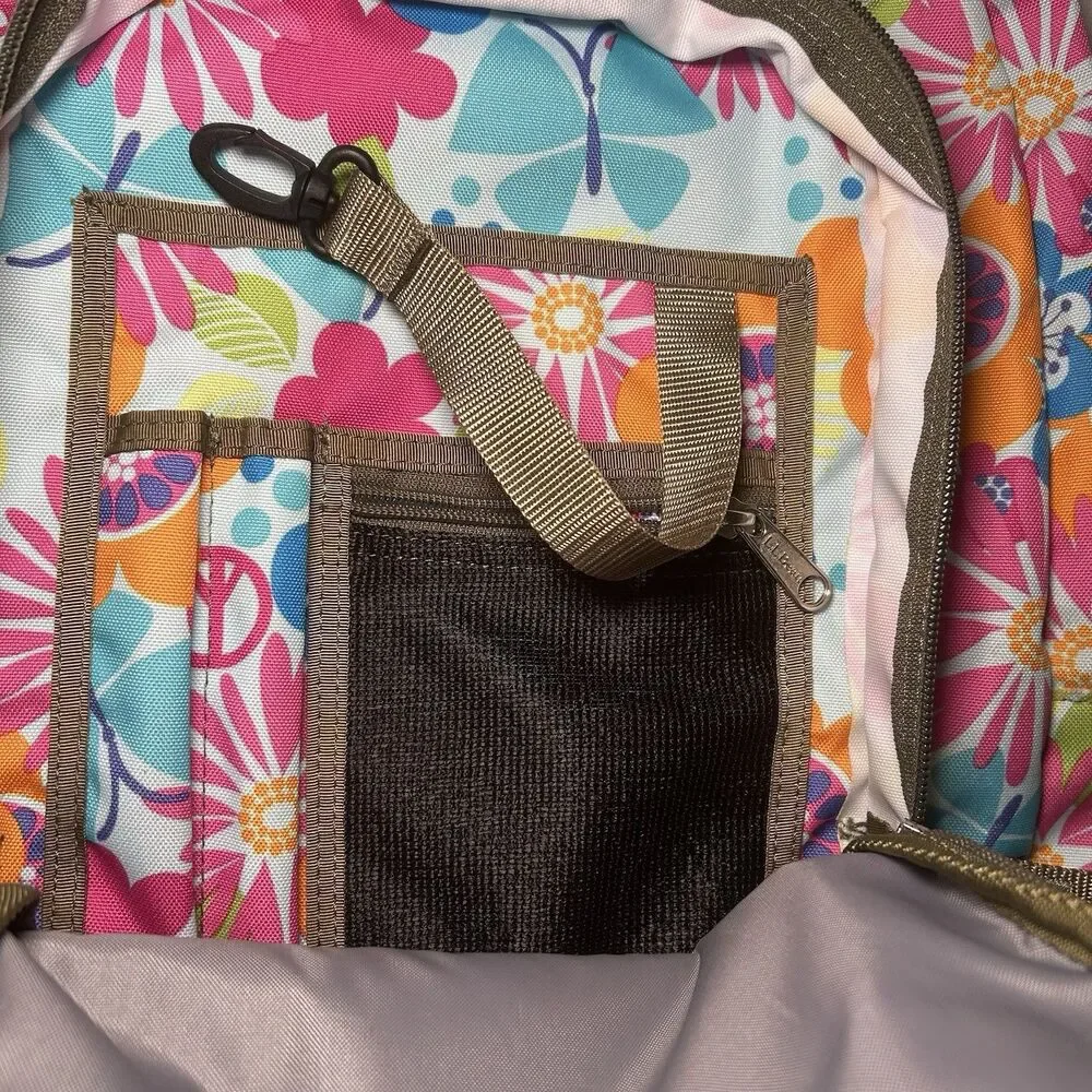 L.L.Bean multicolor floral backpack, vibrant retro flower, silver reflective